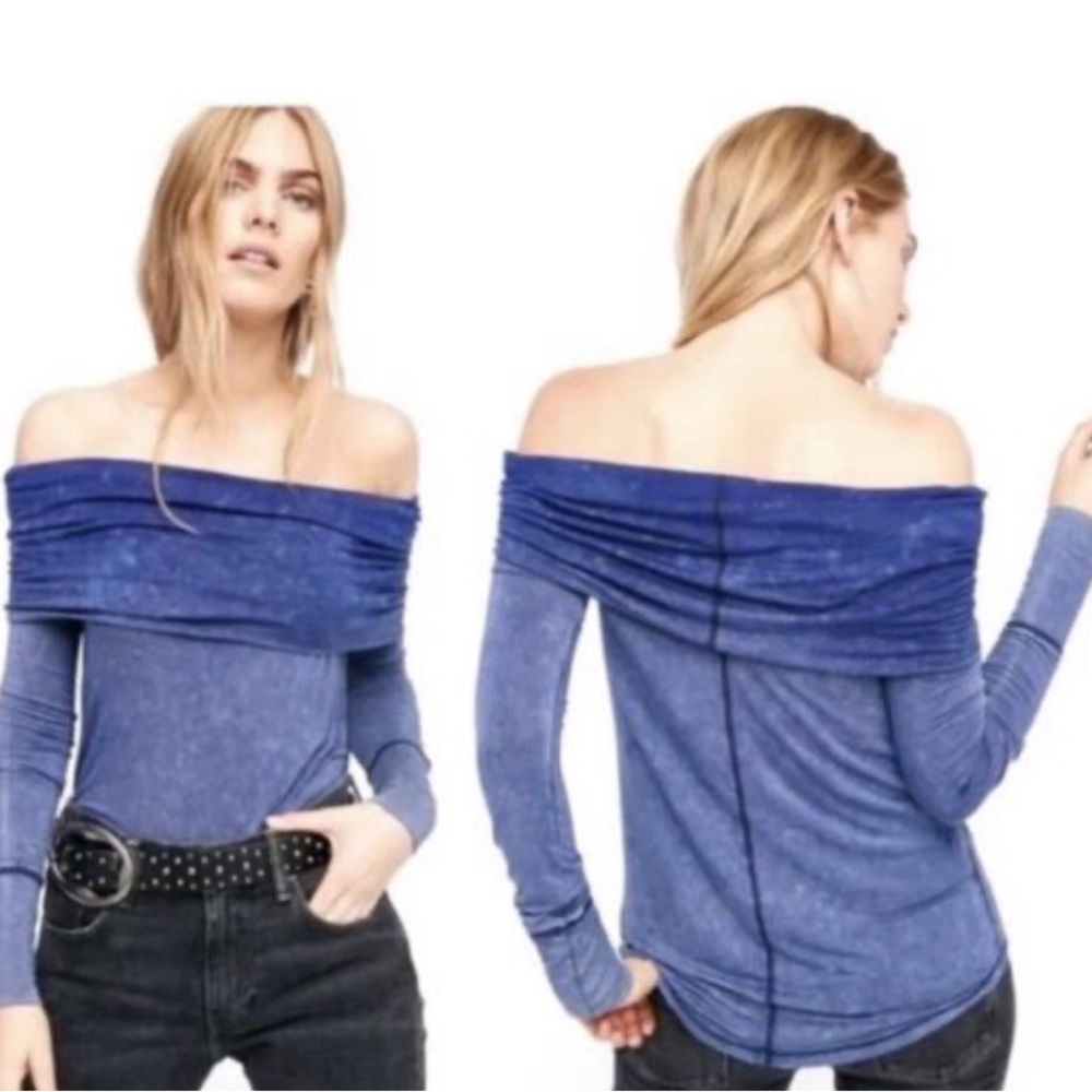 We The Free Free People Off-Shoulder Cosmo Cowl Neck Indigo Top Large